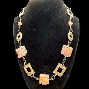 Vintage Handcrafted Pink Orange Opalescent & Silver Clasp Statement Necklace 12”